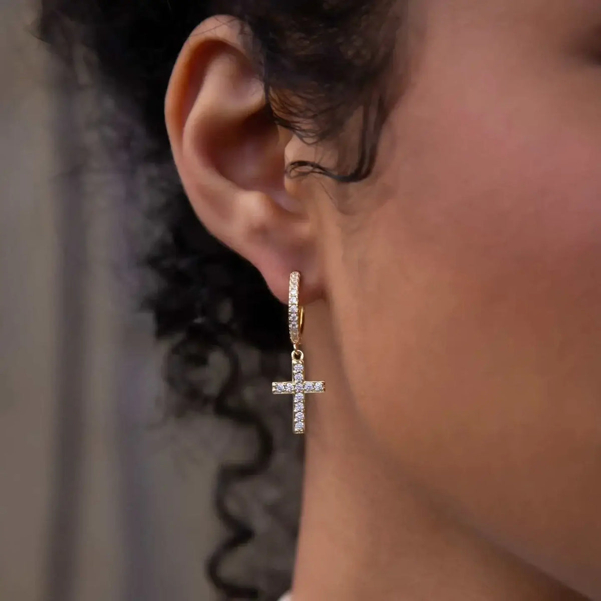 Artificial gemstone  Cross Hoop Earrings in Yellow Gold